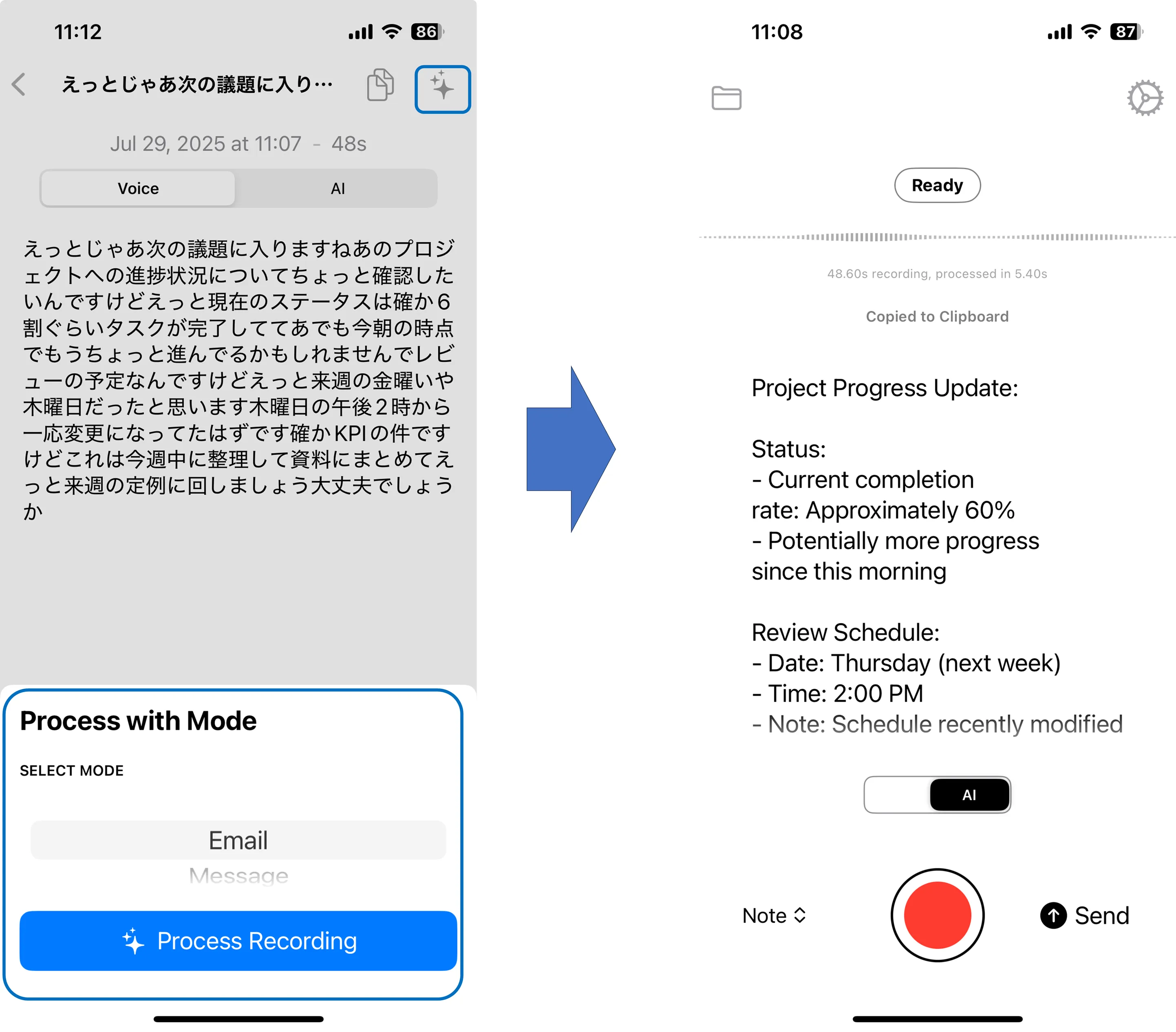 Super Whisper menu bar options and output formatting examples