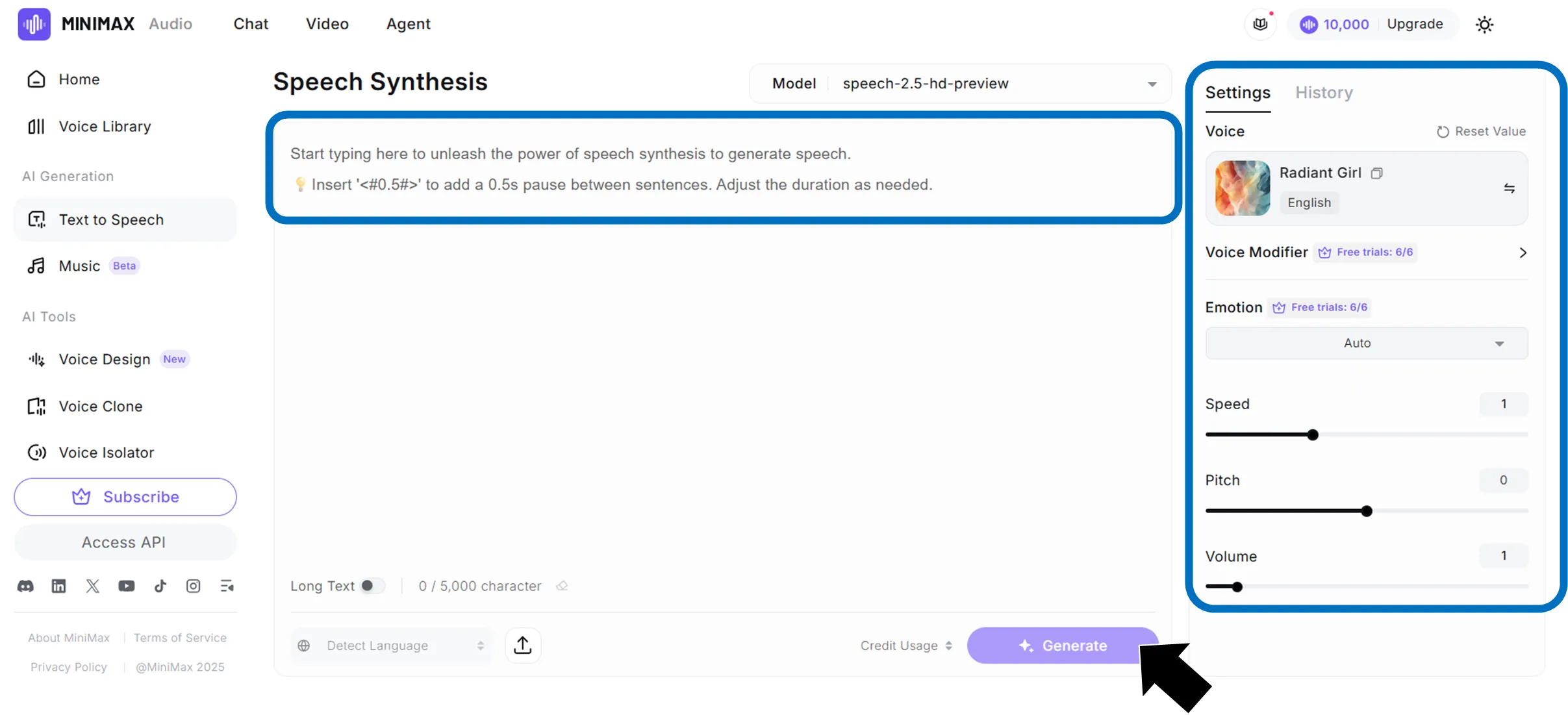 MiniMax Audio speech generation UI